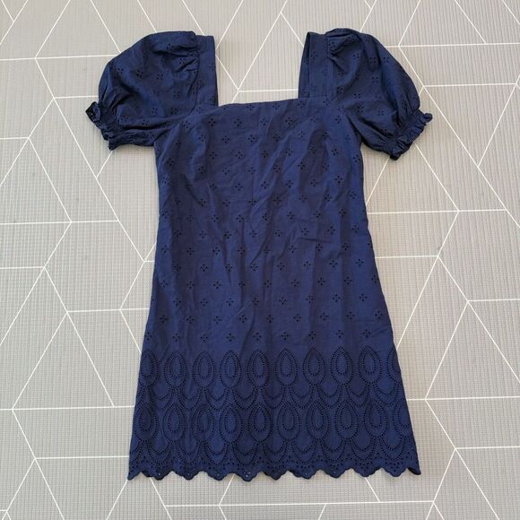 Draper James Puff Sleeve Eyelet Dress Size S‎ Navy Blue - Picture 2 of 8